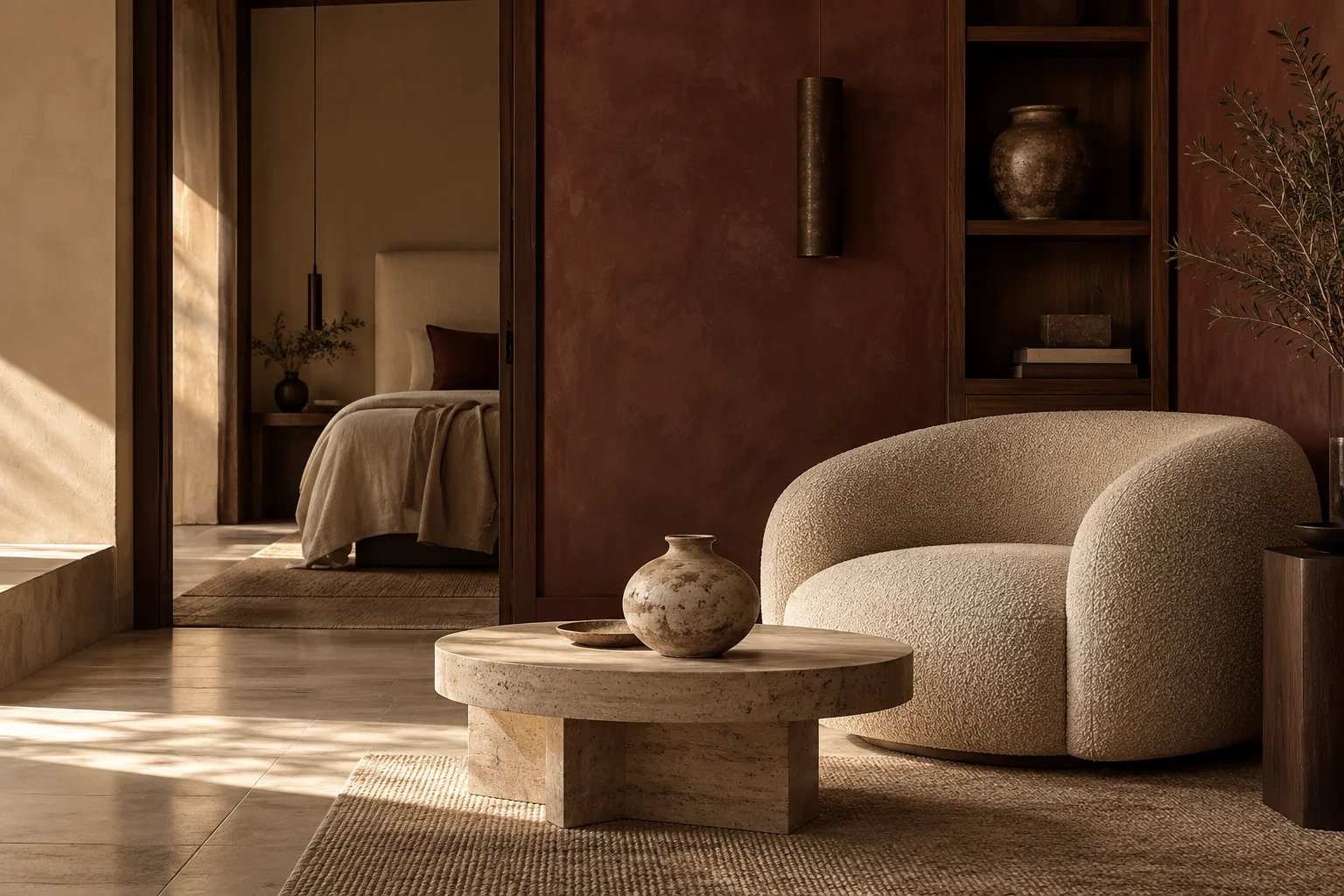 Dettaglio di suite contemporanea: poltrona chiara, travertino e legno scuro. Ambientazione editoriale originale, non un immobile del portfolio.